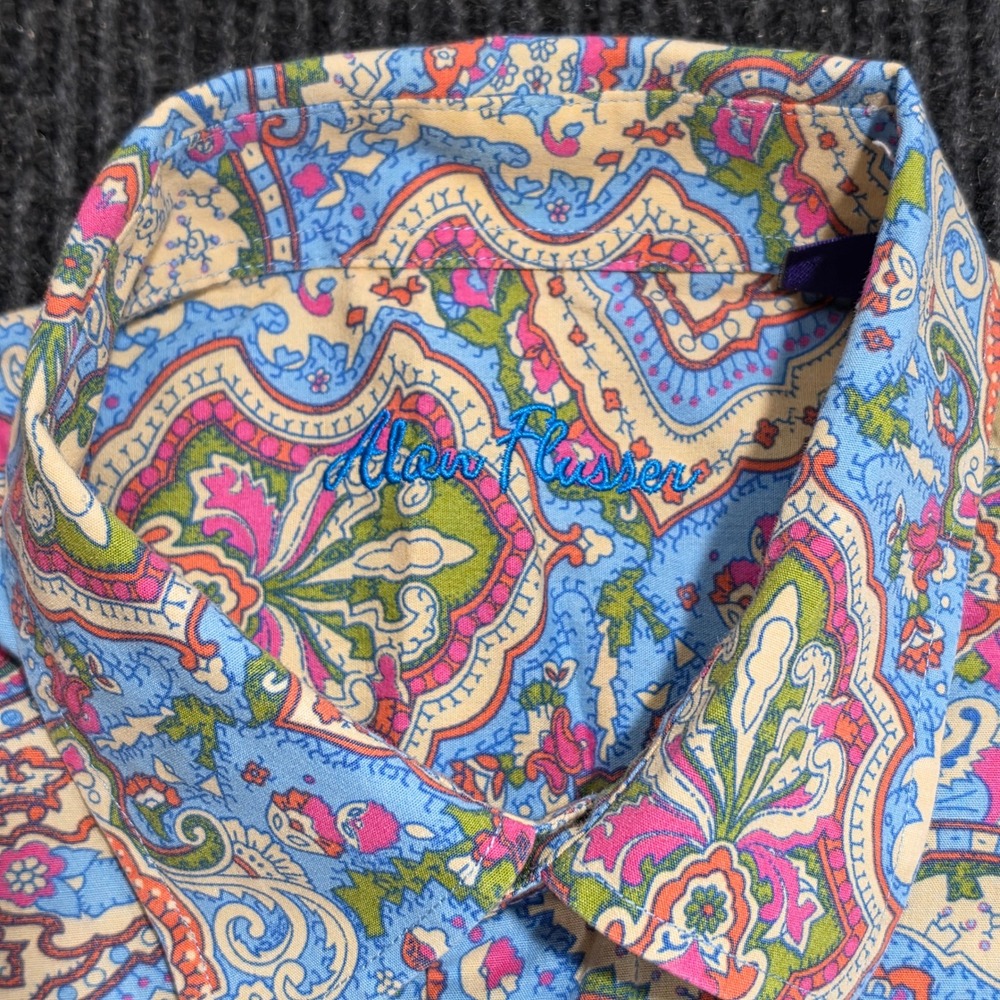 Alan Flusser Button Down Shirt Large Blue Paisley Excellent Long Sleeve Cotton - Picture 7 of 12